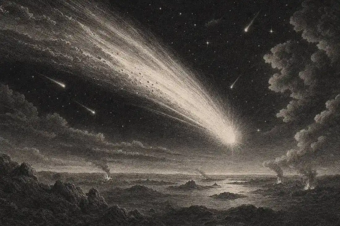 Engraving of a comet falling toward the horizon