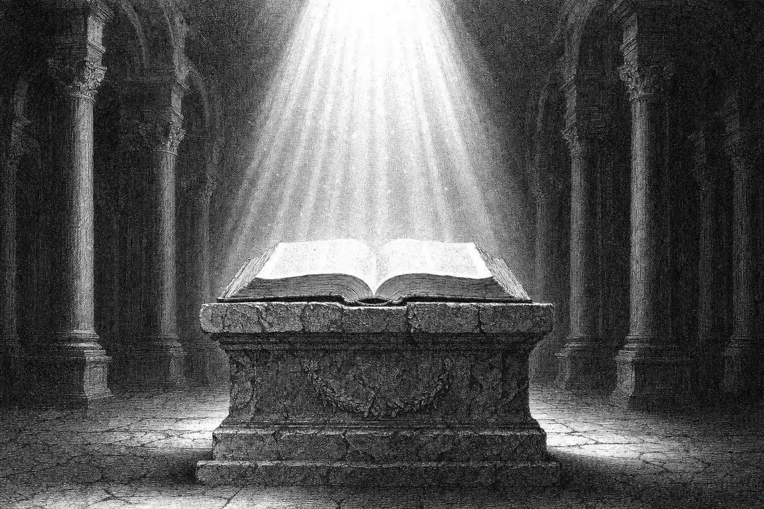A book on an ancient pedestal under god rays