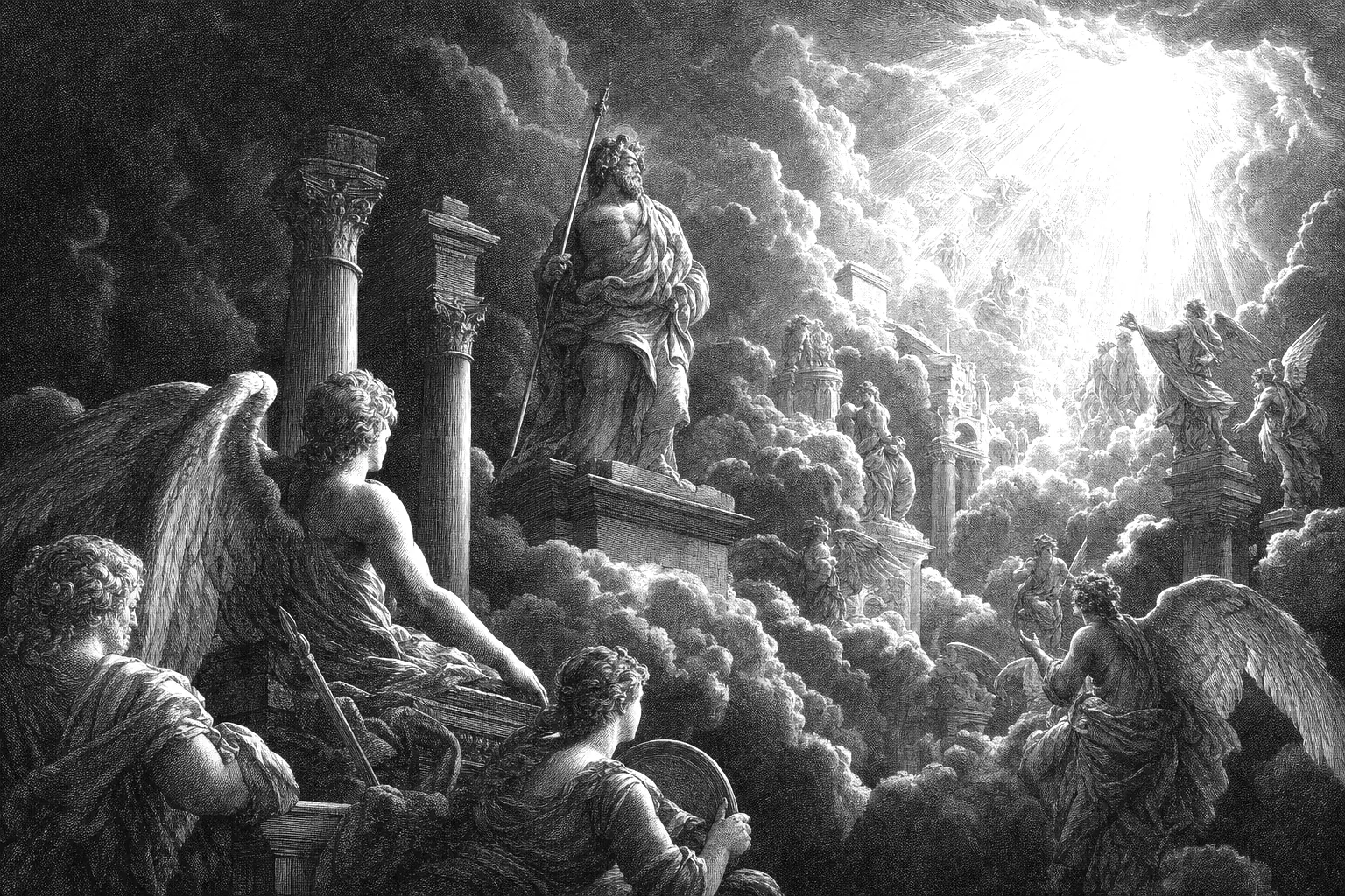 A celestial vision of pillars, statues, and divine light among towering clouds, engraved