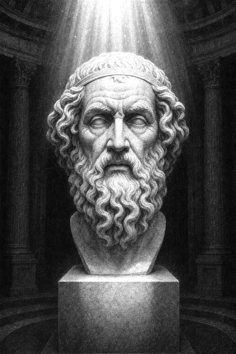 A marble bust of Homer under god rays, annotated by the machine