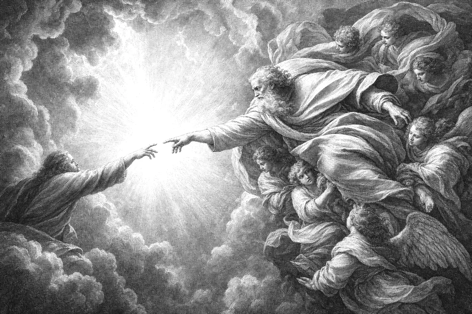 Michelangelo's Creation of Adam on the Sistine ceiling, engraved