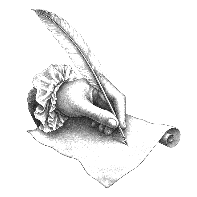A hand writing with a quill pen, engraved