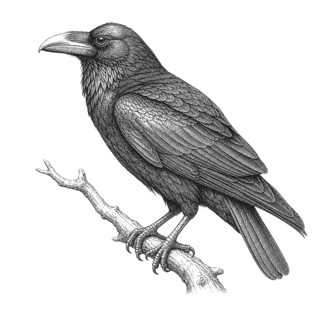 A raven, the augury bird, engraved